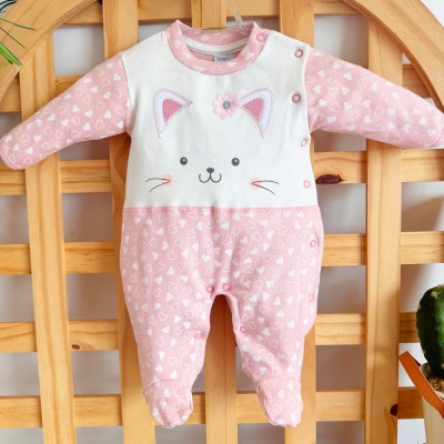 Macacão Trape Zape- Gatinha com Flor Rosa - Rose com Coraçãozinhos 